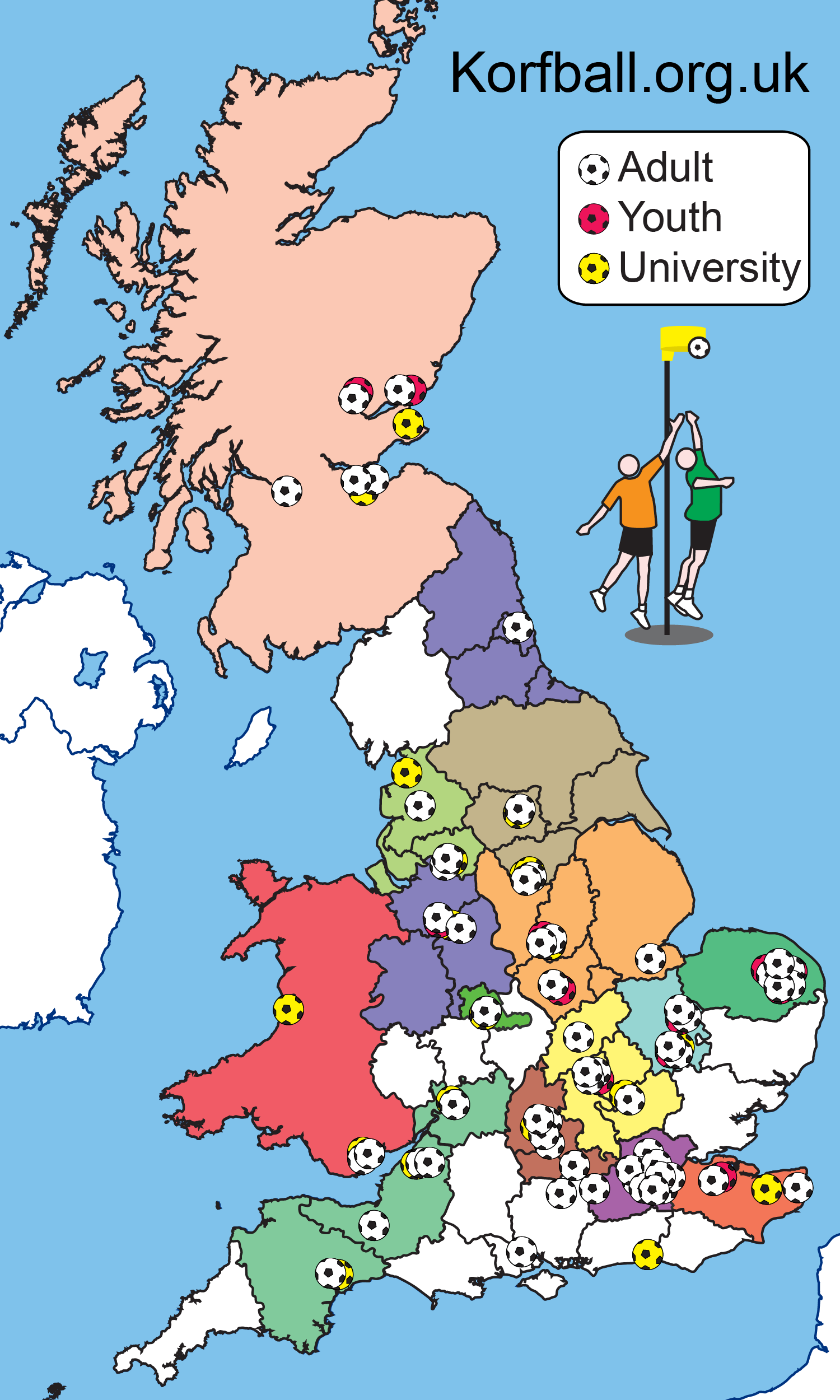 map of UK korfball clubs and areas